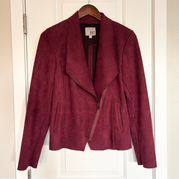 Kut from the Kloth Carina faux suede drape moto jacket in wine Burgundy Size M - Picture 4 of 9
